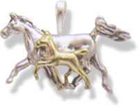 Sterling Silver/14KT Gold running Mare & Foal Pendant