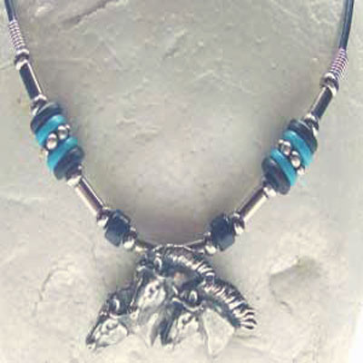  3 Pewter Horses With Beads  Pendant 