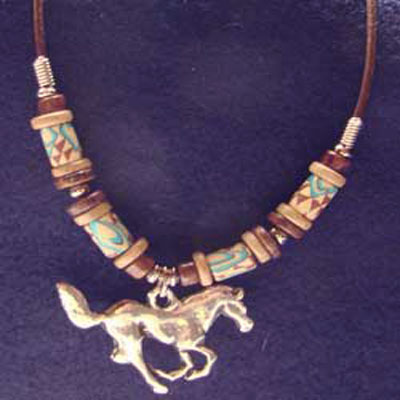  Pewter running Horse with Green/Brown Beads Pendant 