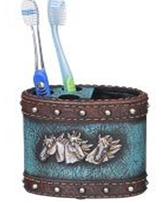 Blue Leather Horseheads Toothbrush Holder   